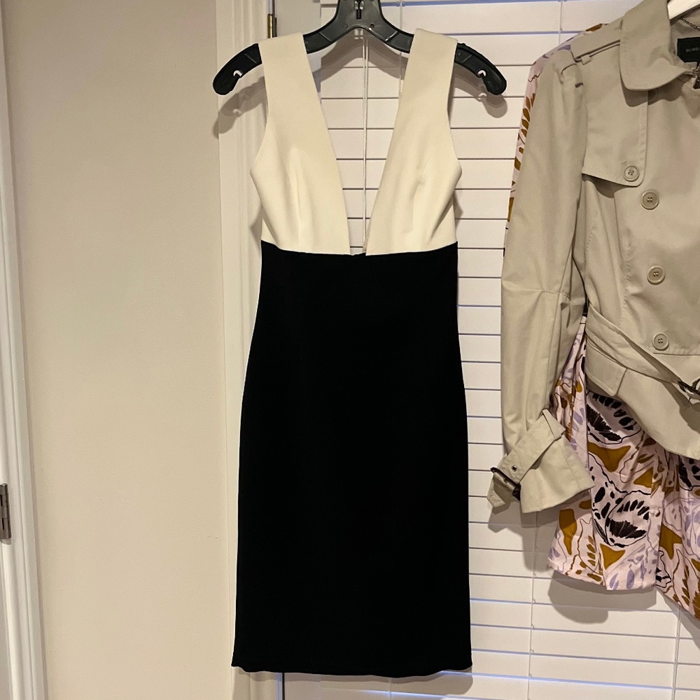 White Silk Plunging Neckline/ Black Straight Skirt Alice & Olivia Dress S 6/8